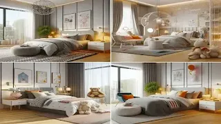 مجموعة صور لصبغ غرف أطفال بتصميم مودرن، تستعرض ألوان محايدة مثل الرمادي والأبيض مع ديكورات عصرية وإضاءة دافئة.